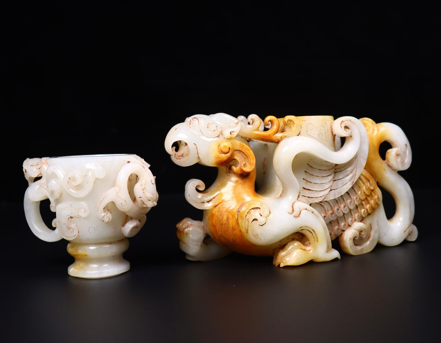 A1360 Superb Old Chinese Hetian Jade Carved Dragon Phoenix Cup Statue