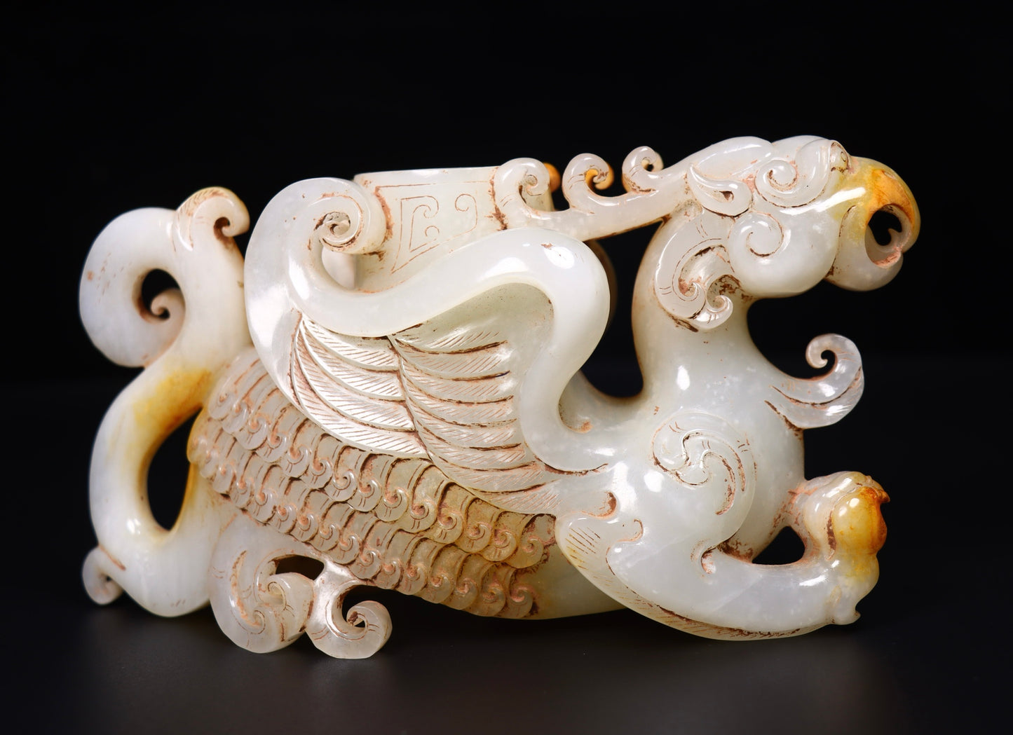 A1360 Superb Old Chinese Hetian Jade Carved Dragon Phoenix Cup Statue