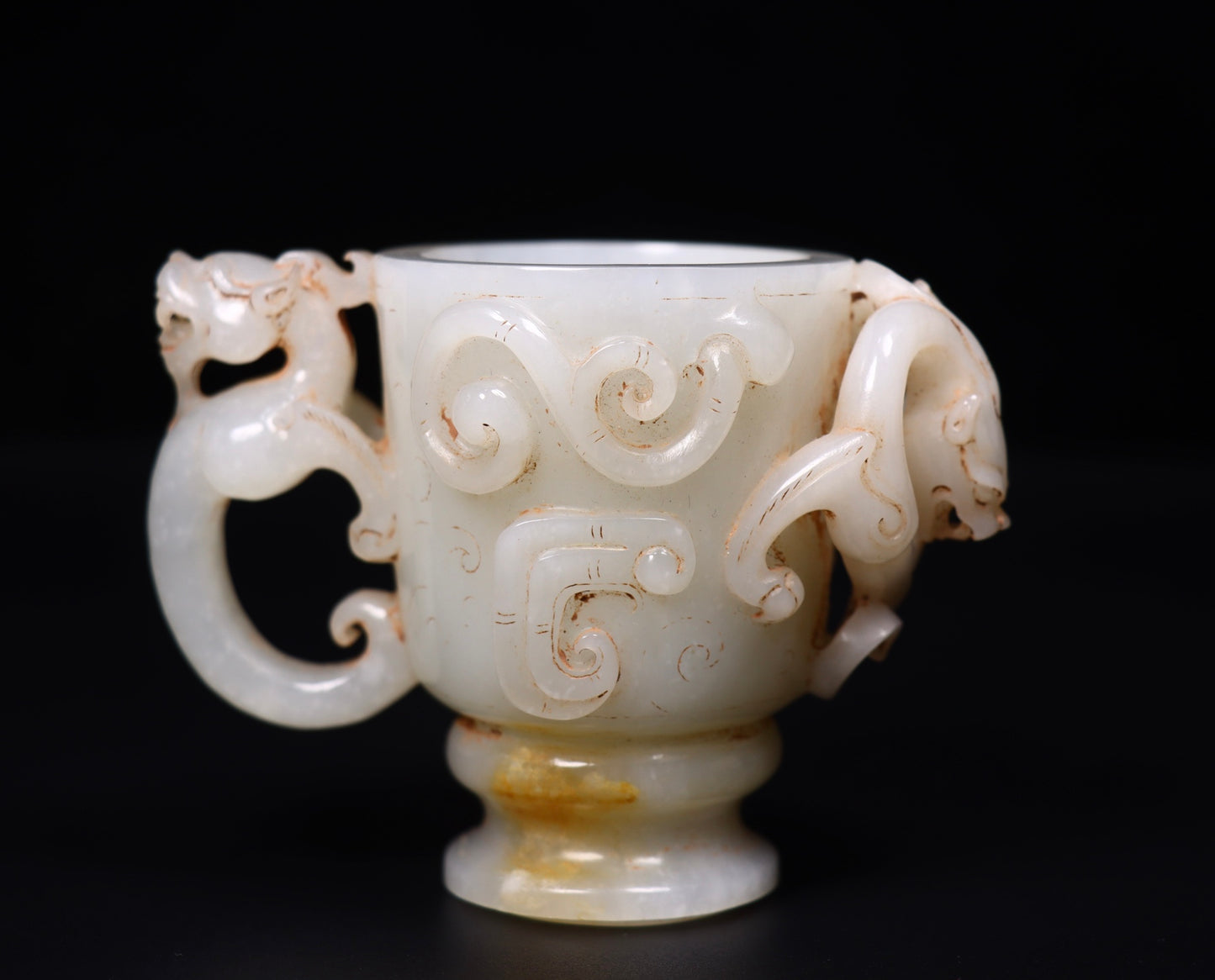 A1360 Superb Old Chinese Hetian Jade Carved Dragon Phoenix Cup Statue