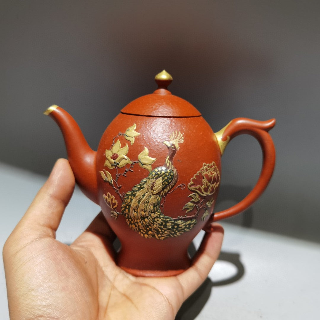 A1364 Chinese Gilt Gold Yixing Zisha Clay Peacock & Peony Teapot w Artist Signed
