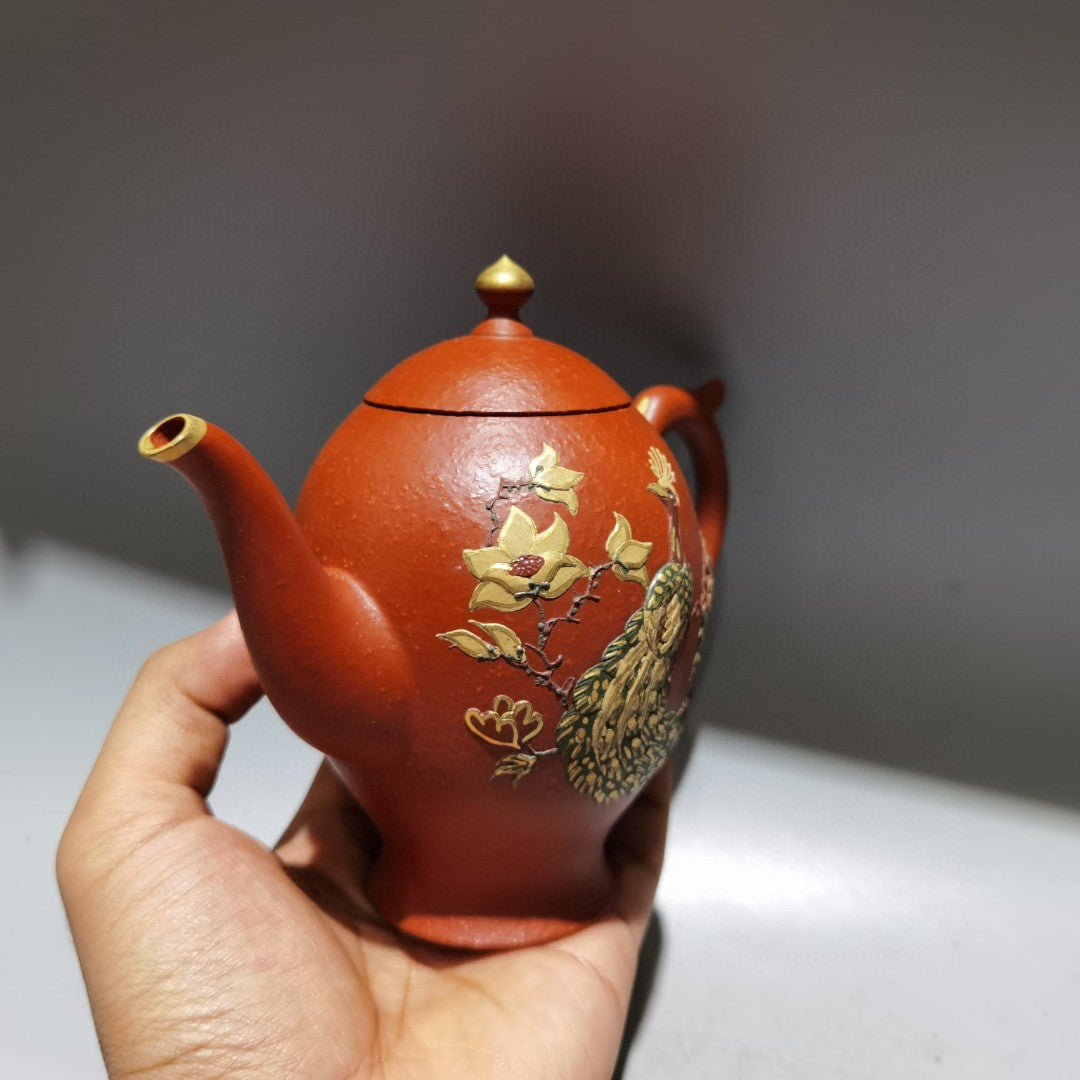 A1364 Chinese Gilt Gold Yixing Zisha Clay Peacock & Peony Teapot w Artist Signed