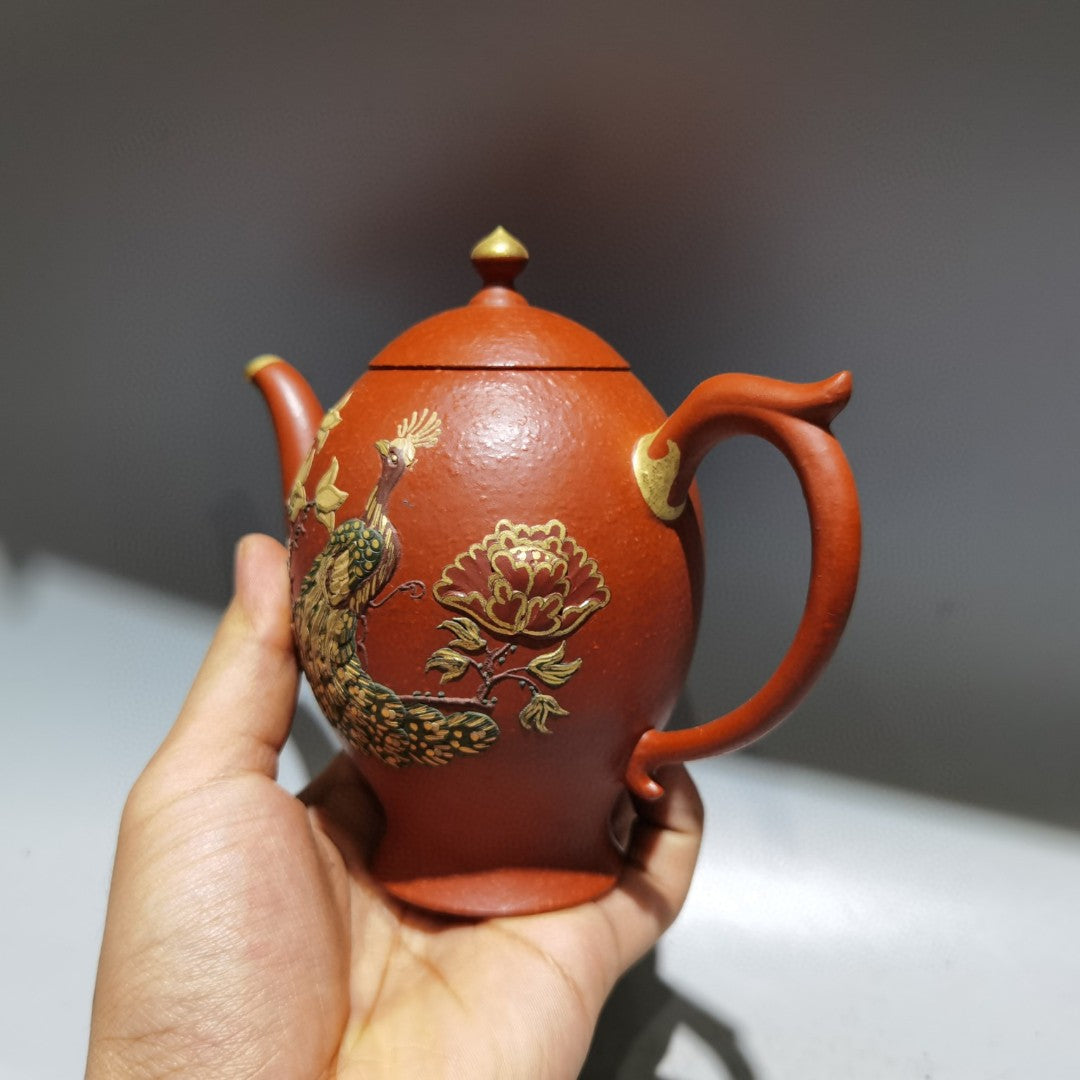 A1364 Chinese Gilt Gold Yixing Zisha Clay Peacock & Peony Teapot w Artist Signed