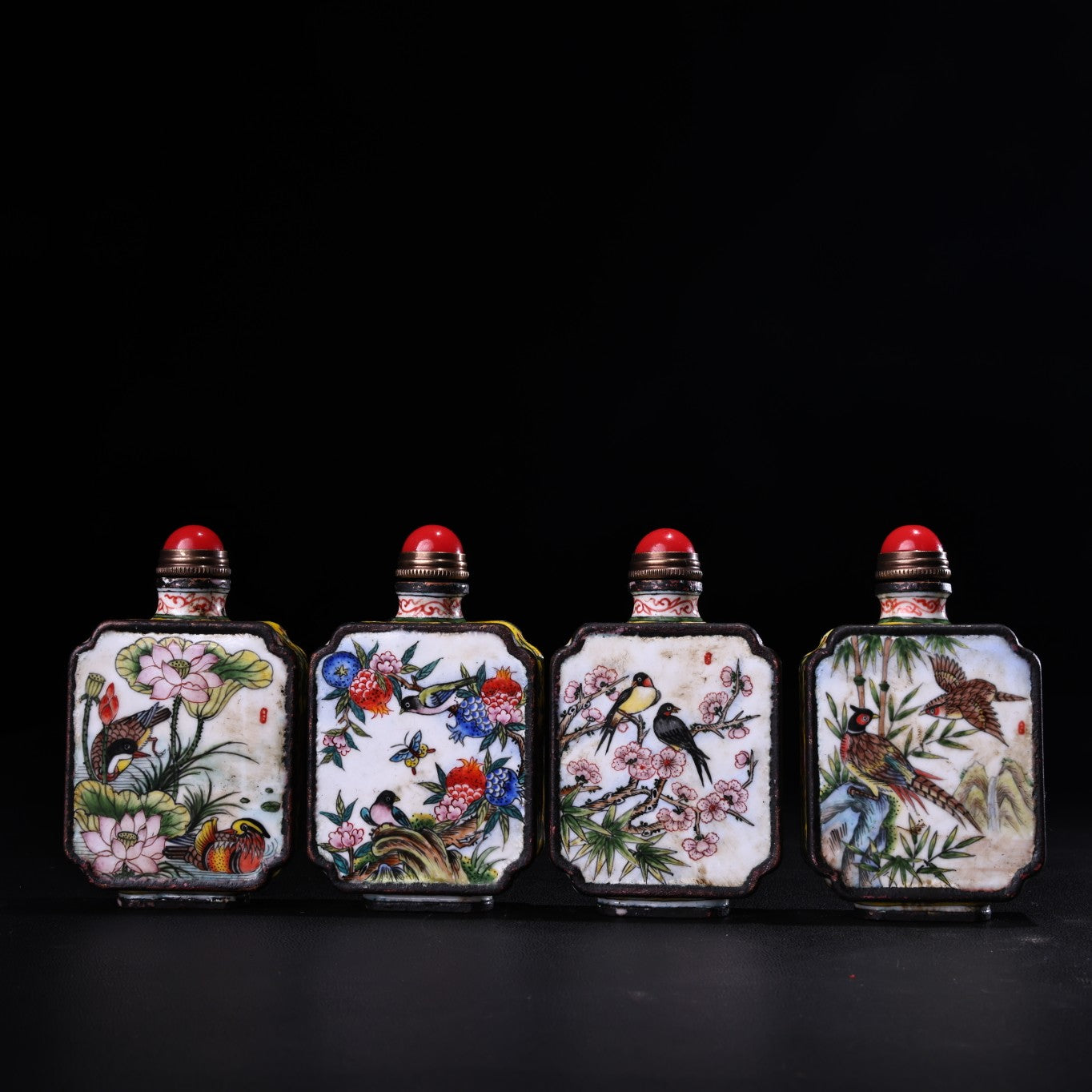 A1372 A Set Four Vintage Chinese Copper Enamel Flowers Bird Design Snuff Bottle