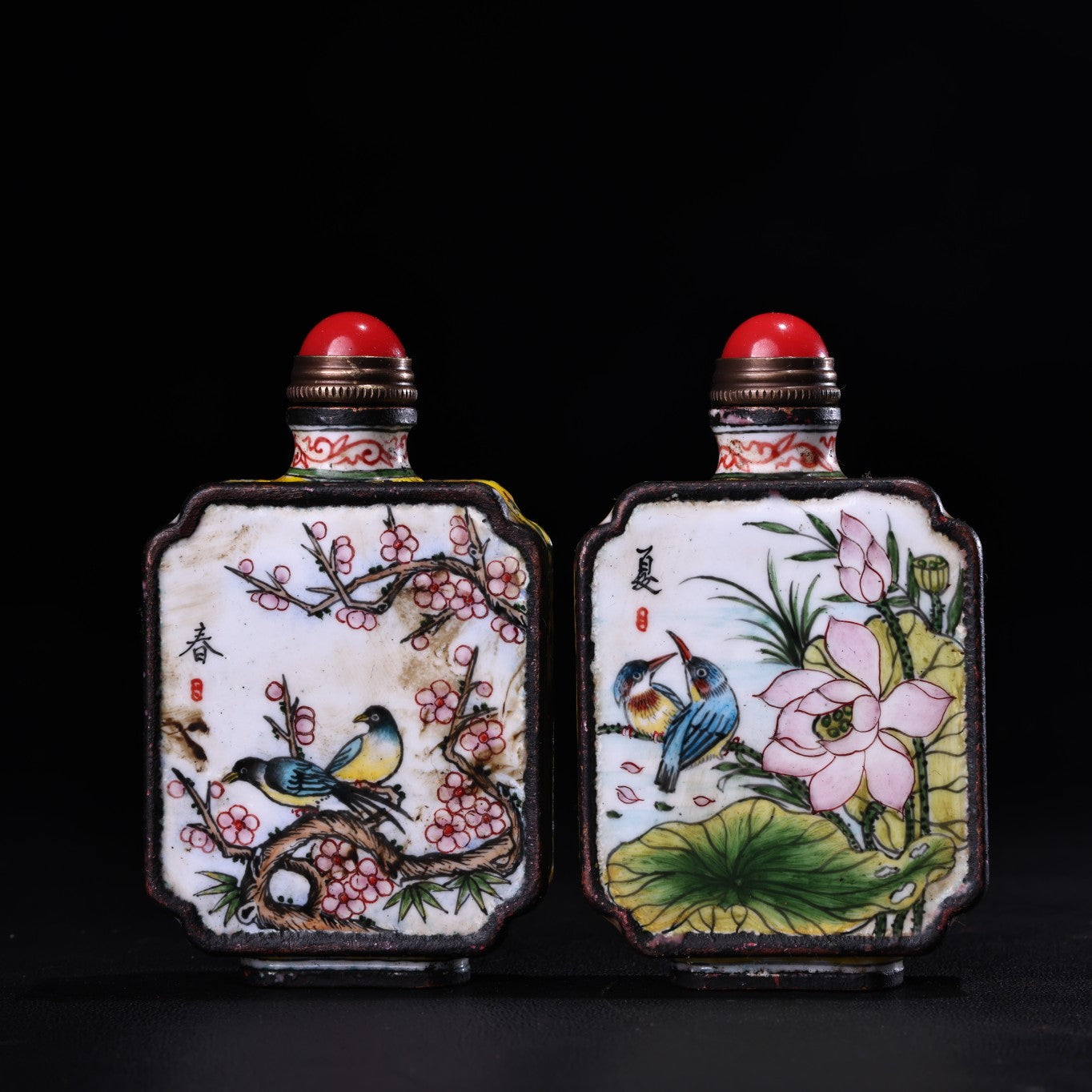 A1372 A Set Four Vintage Chinese Copper Enamel Flowers Bird Design Snuff Bottle