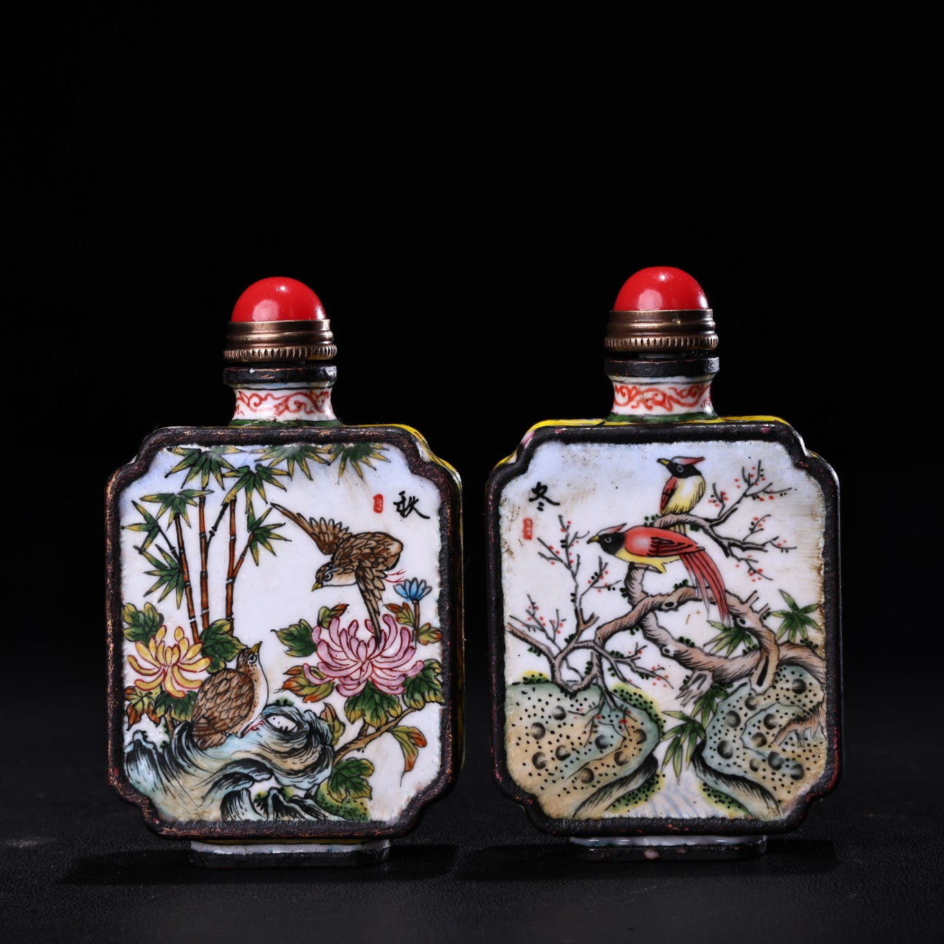 A1372 A Set Four Vintage Chinese Copper Enamel Flowers Bird Design Snuff Bottle