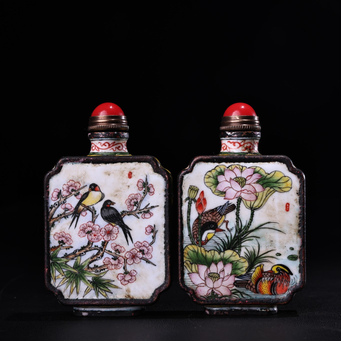 A1372 A Set Four Vintage Chinese Copper Enamel Flowers Bird Design Snuff Bottle