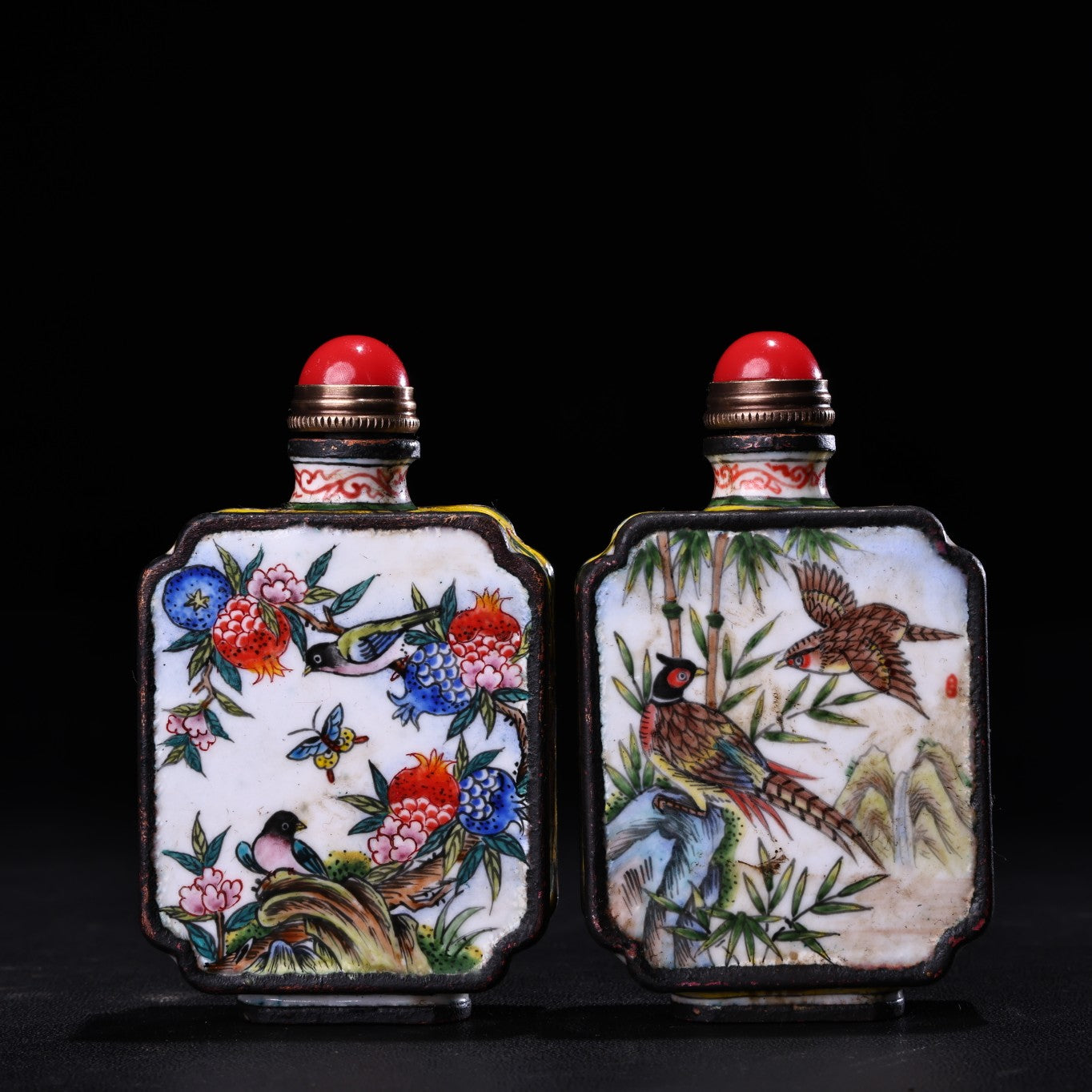 A1372 A Set Four Vintage Chinese Copper Enamel Flowers Bird Design Snuff Bottle