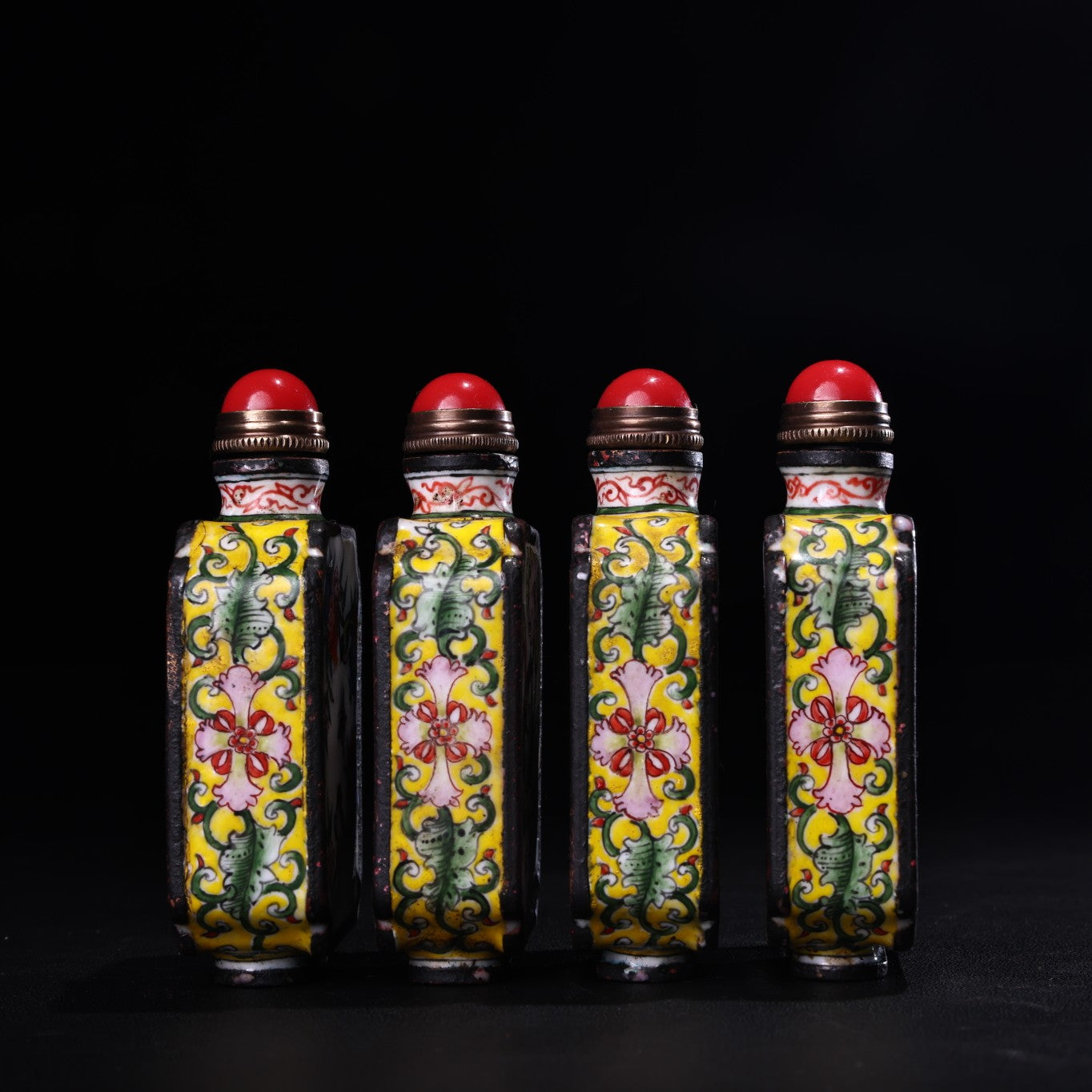 A1372 A Set Four Vintage Chinese Copper Enamel Flowers Bird Design Snuff Bottle