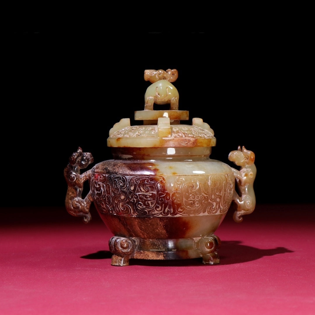 A1377 Superb Old Chinese Hetian Jade Double Ear Fortune Beast Incense Burner