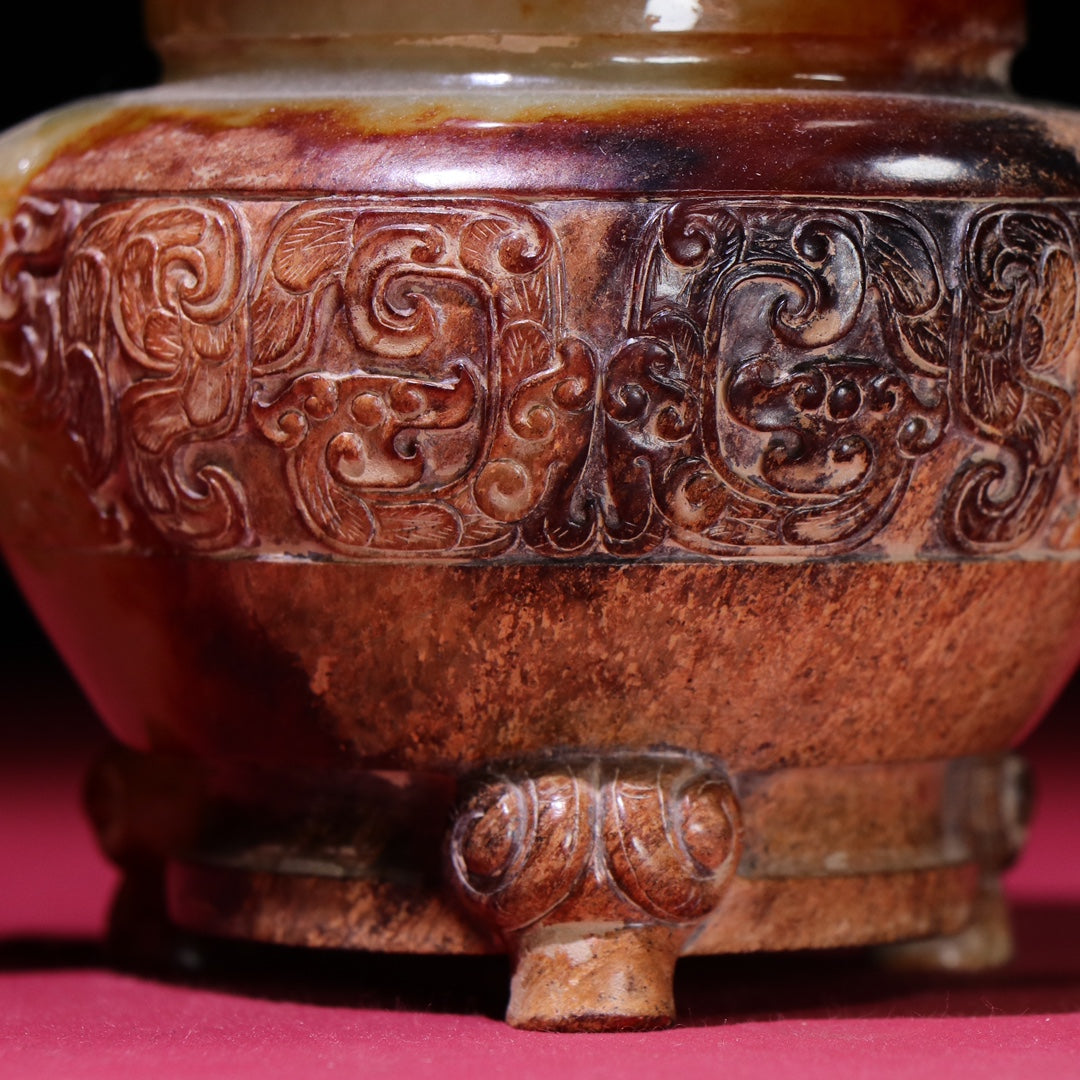 A1377 Superb Old Chinese Hetian Jade Double Ear Fortune Beast Incense Burner