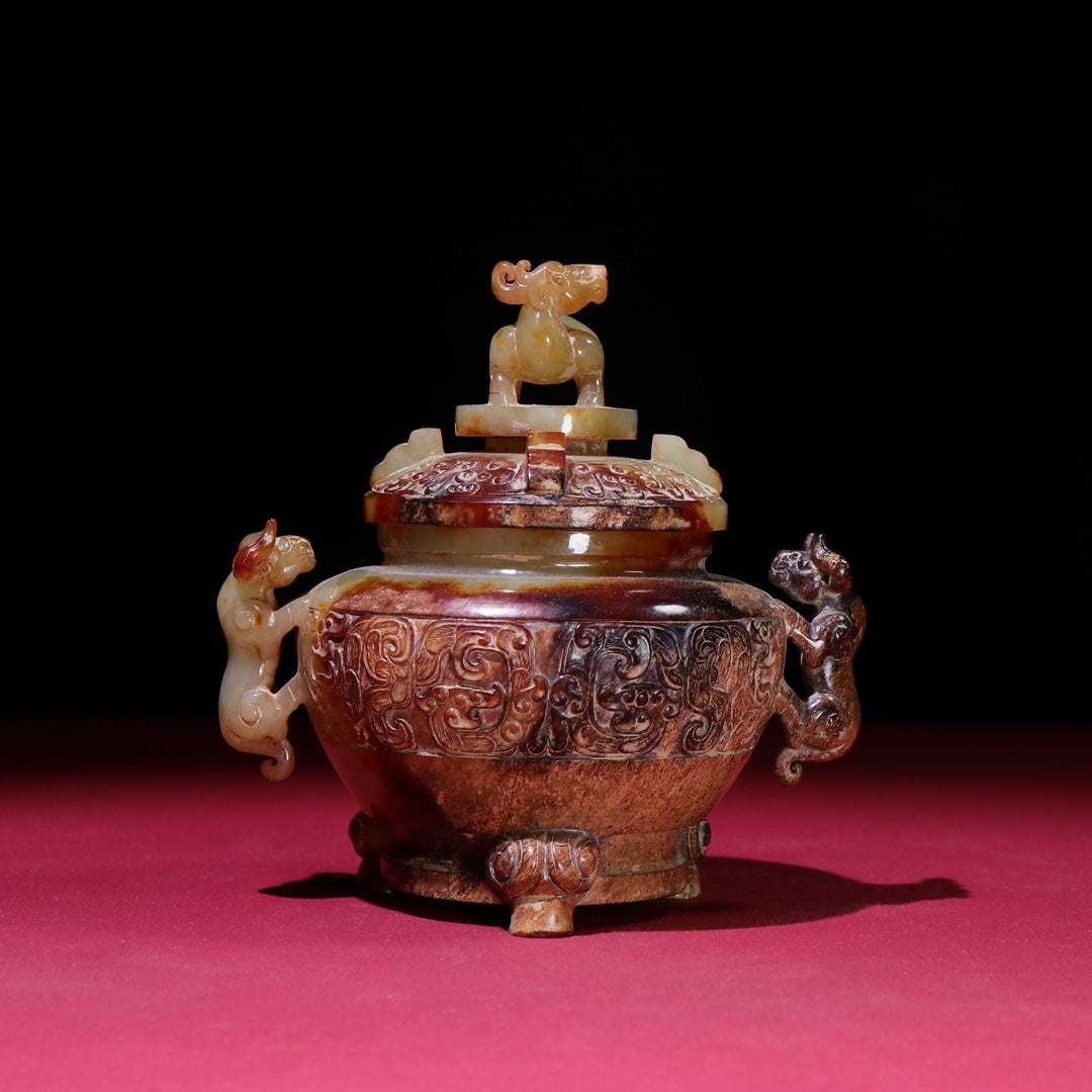 A1377 Superb Old Chinese Hetian Jade Double Ear Fortune Beast Incense Burner