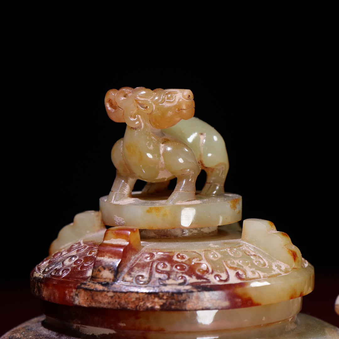A1377 Superb Old Chinese Hetian Jade Double Ear Fortune Beast Incense Burner
