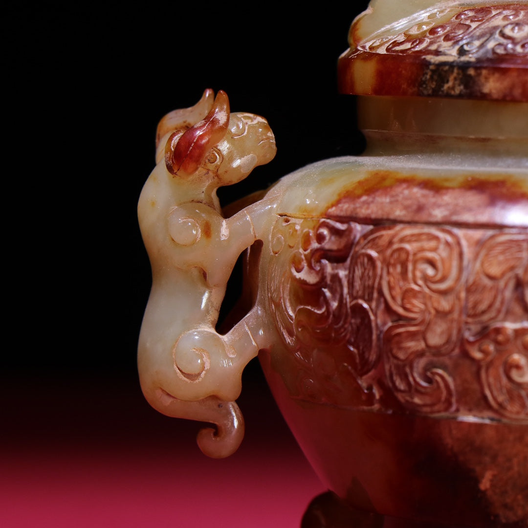 A1377 Superb Old Chinese Hetian Jade Double Ear Fortune Beast Incense Burner