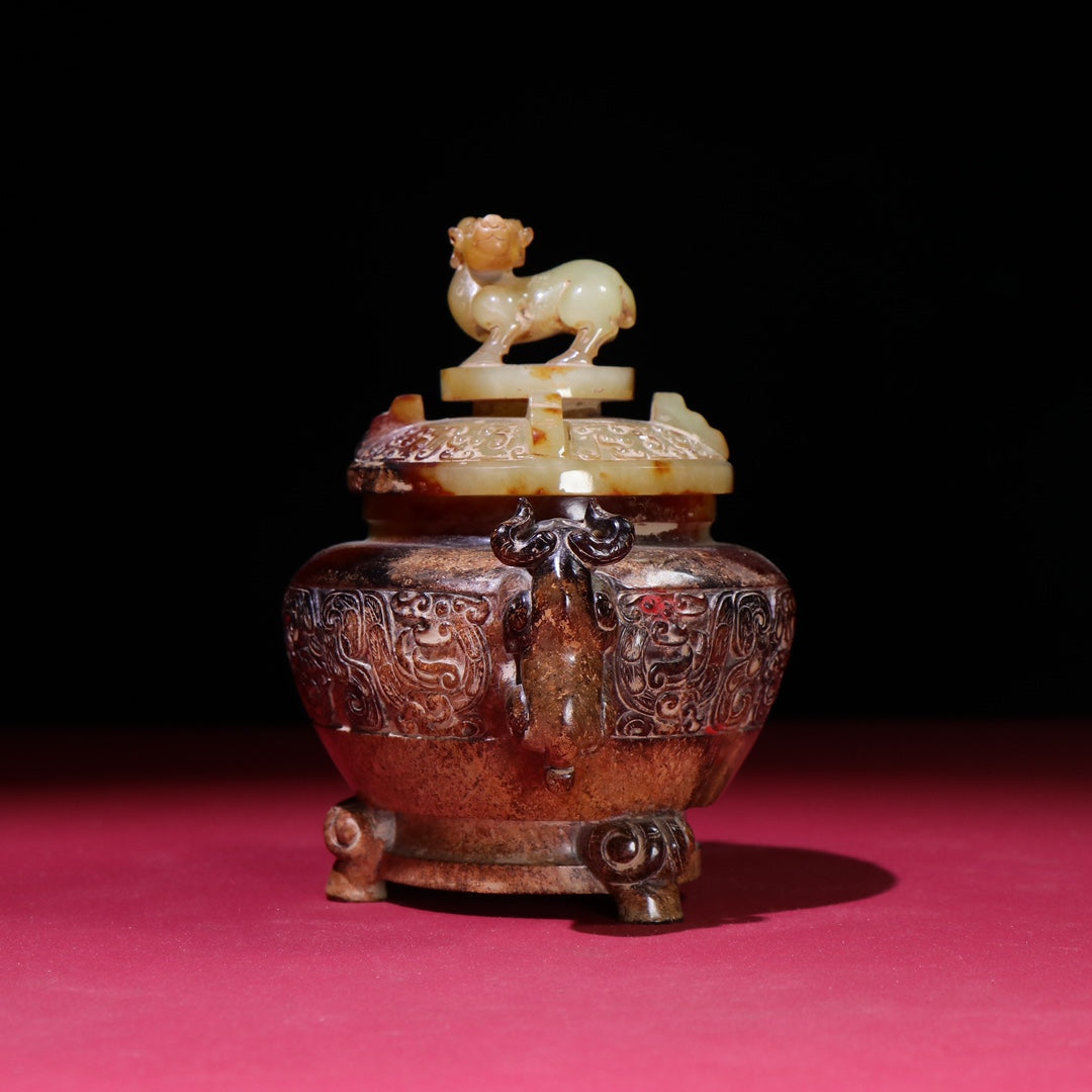 A1377 Superb Old Chinese Hetian Jade Double Ear Fortune Beast Incense Burner