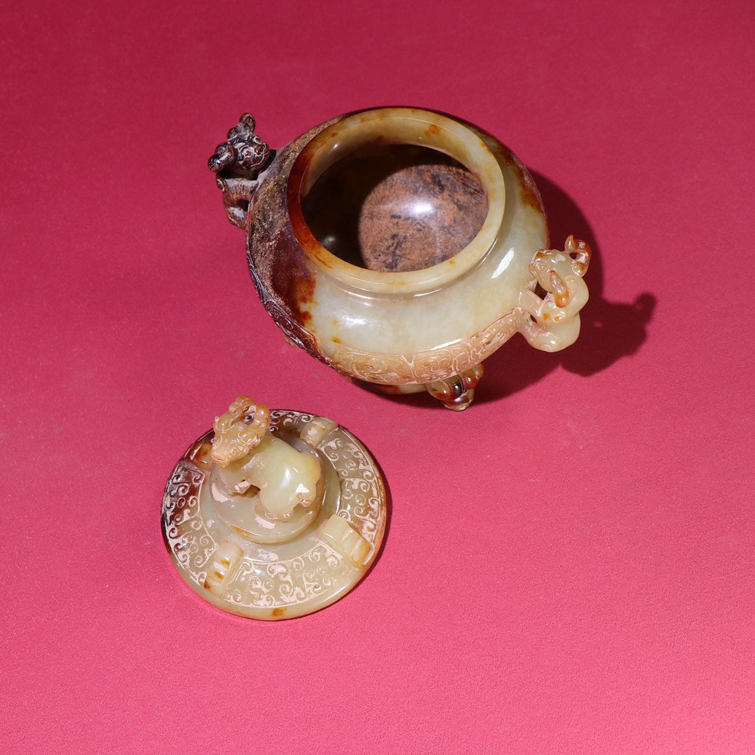 A1377 Superb Old Chinese Hetian Jade Double Ear Fortune Beast Incense Burner