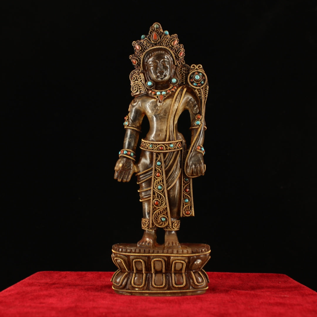 A1379 Vintage Chinese Crystal Inlay Gold Wires Tara Statue