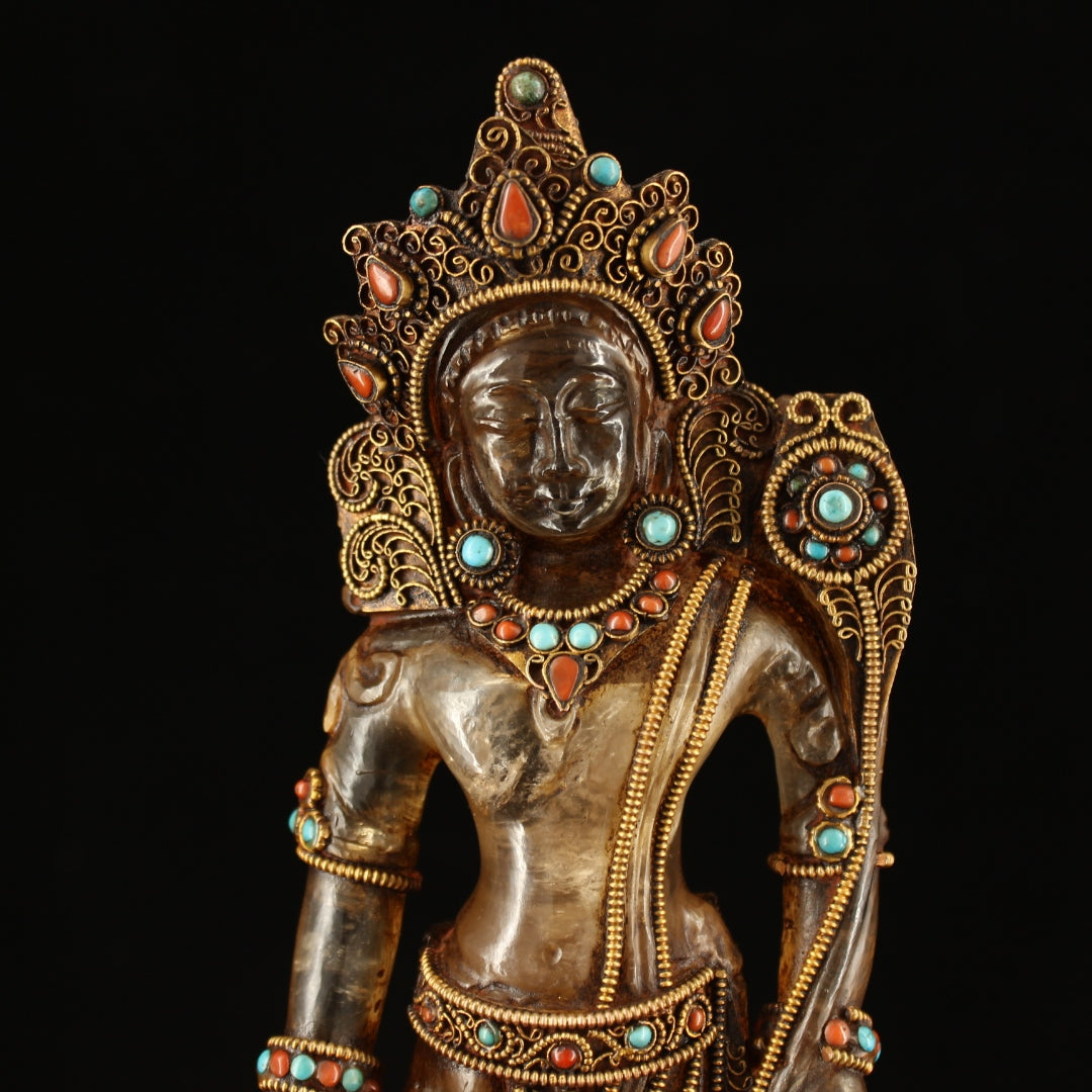 A1379 Vintage Chinese Crystal Inlay Gold Wires Tara Statue