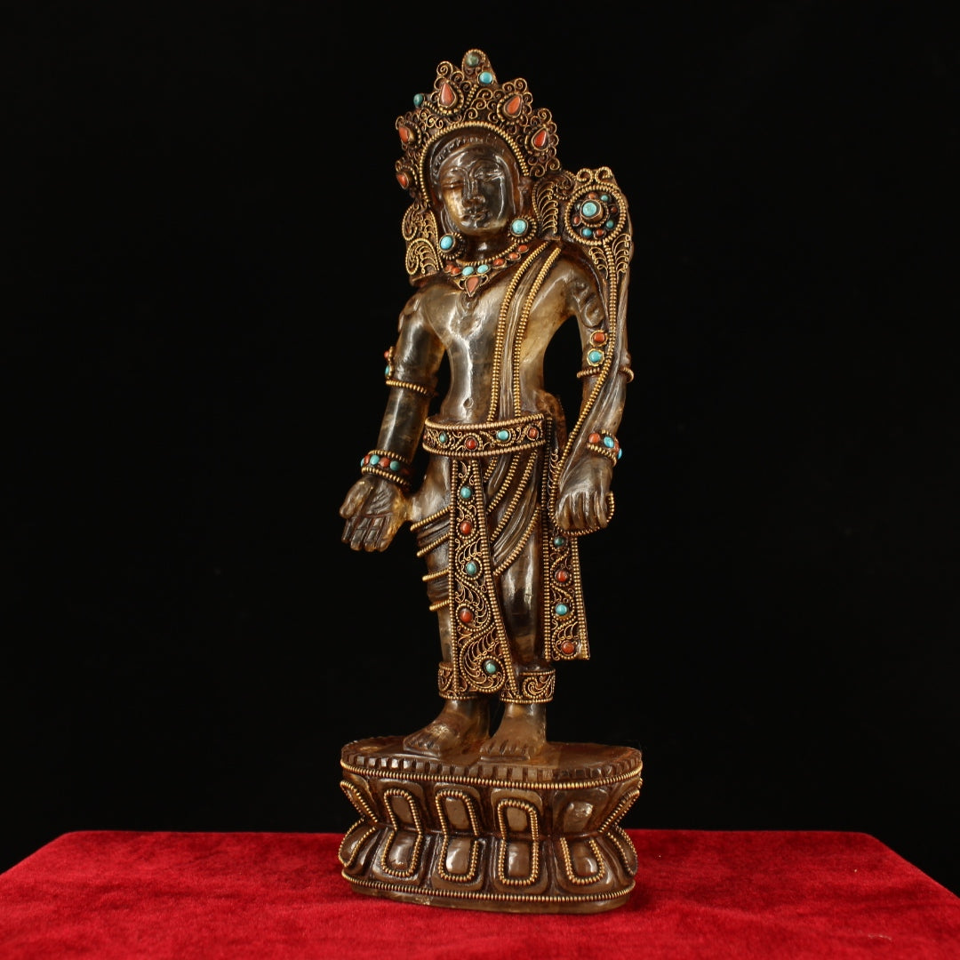 A1379 Vintage Chinese Crystal Inlay Gold Wires Tara Statue