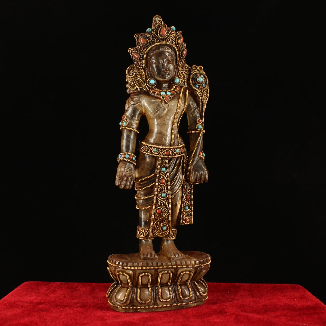 A1379 Vintage Chinese Crystal Inlay Gold Wires Tara Statue