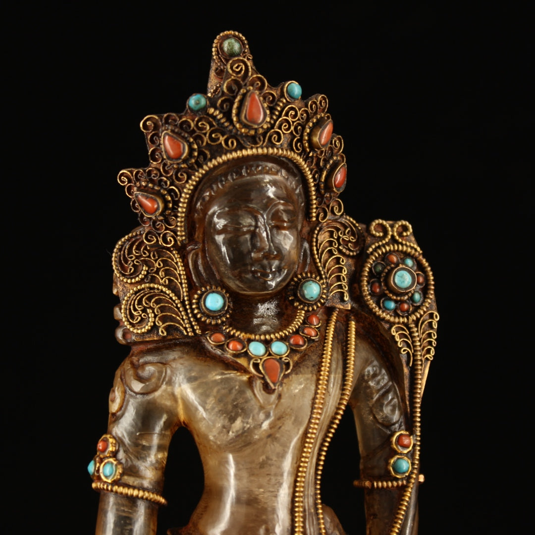 A1379 Vintage Chinese Crystal Inlay Gold Wires Tara Statue