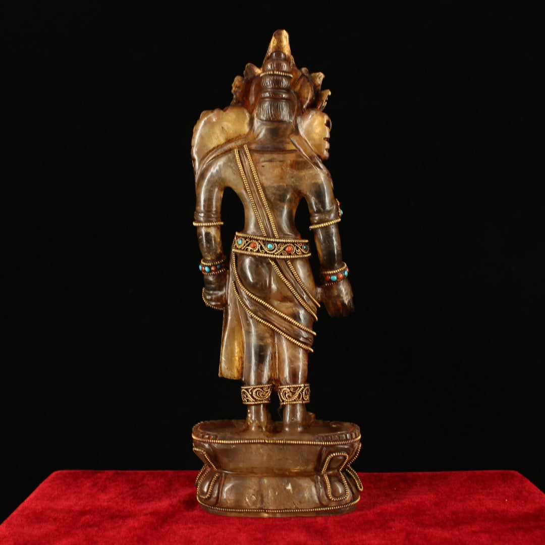 A1379 Vintage Chinese Crystal Inlay Gold Wires Tara Statue
