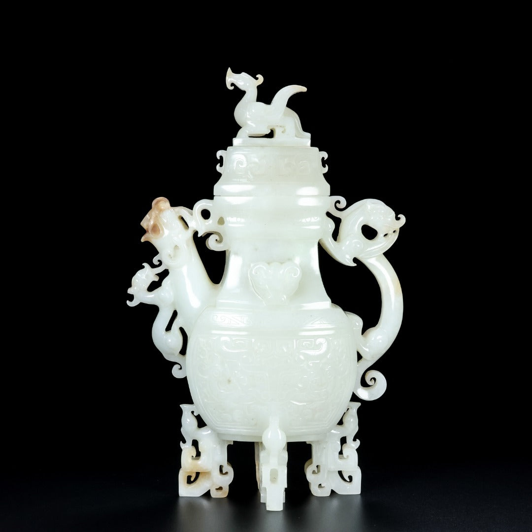 A1382 High Quality Chinese Hetian Jade Carved Fortune Dragon Wine Pot