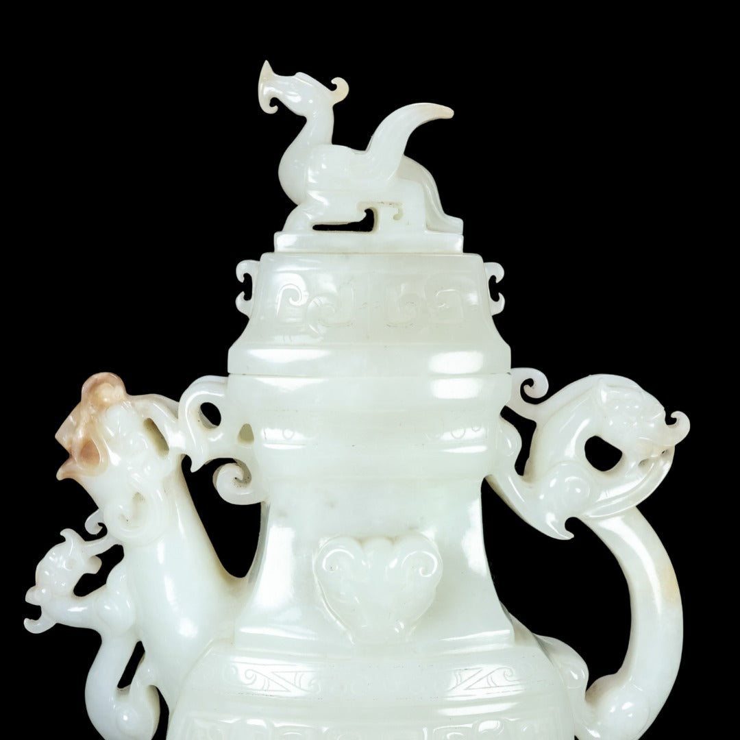 A1382 High Quality Chinese Hetian Jade Carved Fortune Dragon Wine Pot
