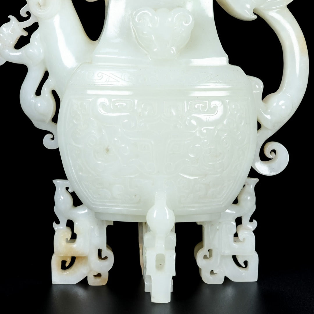 A1382 High Quality Chinese Hetian Jade Carved Fortune Dragon Wine Pot
