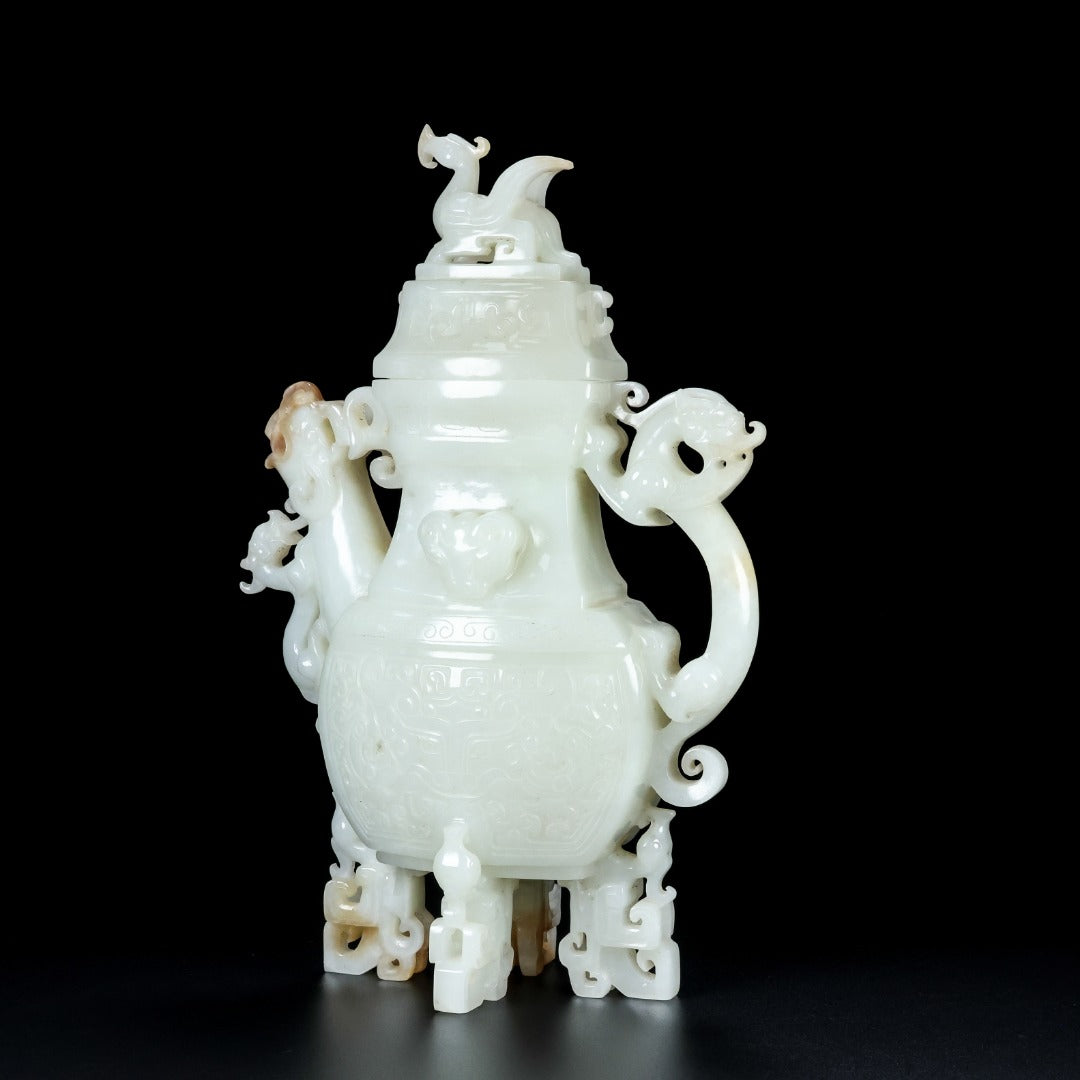 A1382 High Quality Chinese Hetian Jade Carved Fortune Dragon Wine Pot