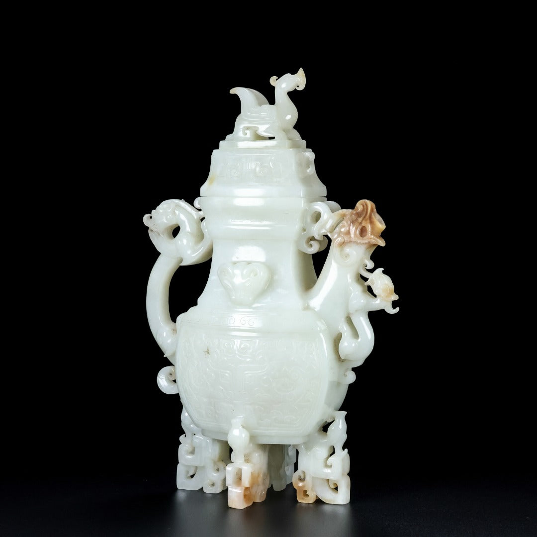 A1382 High Quality Chinese Hetian Jade Carved Fortune Dragon Wine Pot