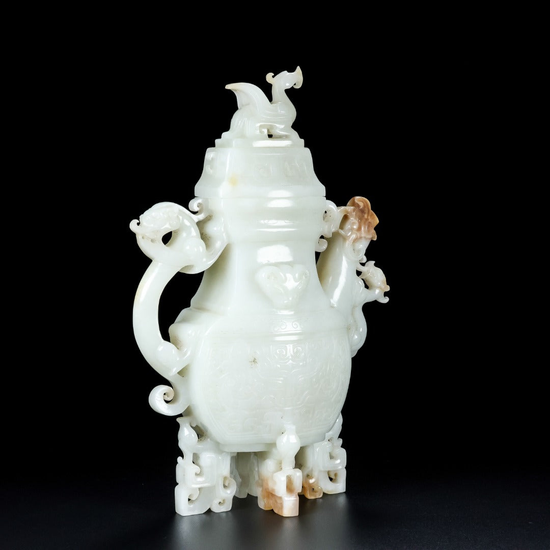 A1382 High Quality Chinese Hetian Jade Carved Fortune Dragon Wine Pot