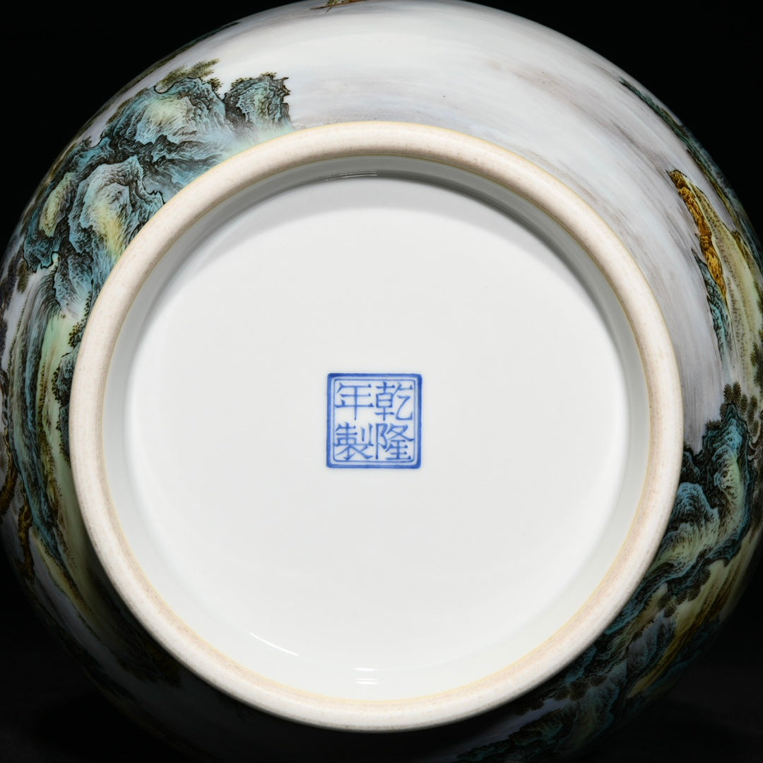 A1396 Chinese Qing Dynasty Gilt Edge Famille Rose Mountain River Scene Design Porcelain Vase