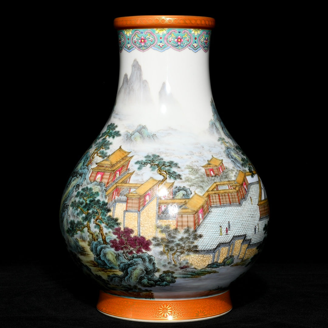 A1396 Chinese Qing Dynasty Gilt Edge Famille Rose Mountain River Scene Design Porcelain Vase