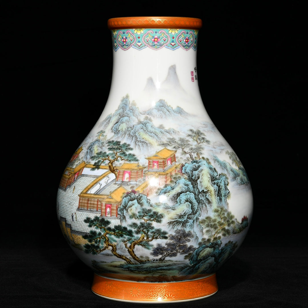 A1396 Chinese Qing Dynasty Gilt Edge Famille Rose Mountain River Scene Design Porcelain Vase