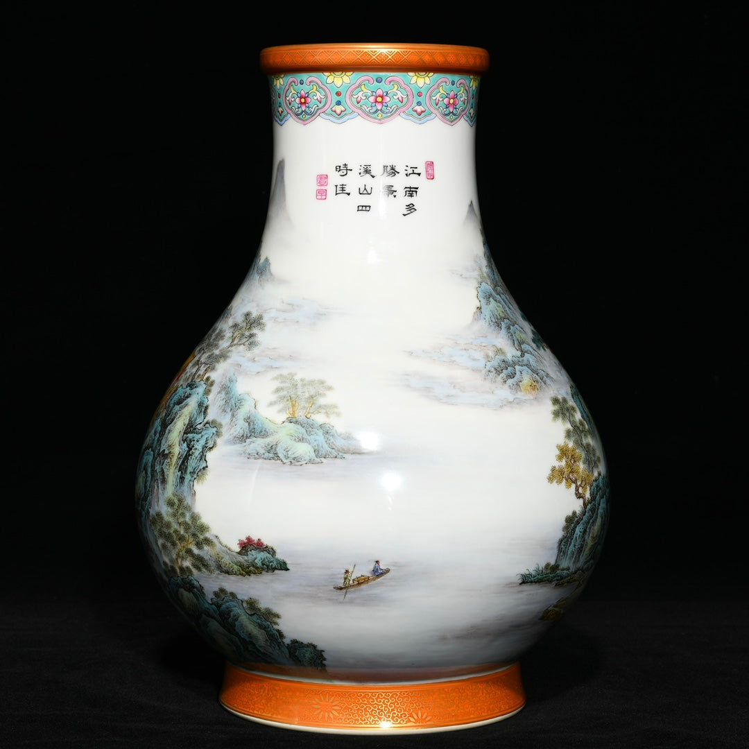 A1396 Chinese Qing Dynasty Gilt Edge Famille Rose Mountain River Scene Design Porcelain Vase