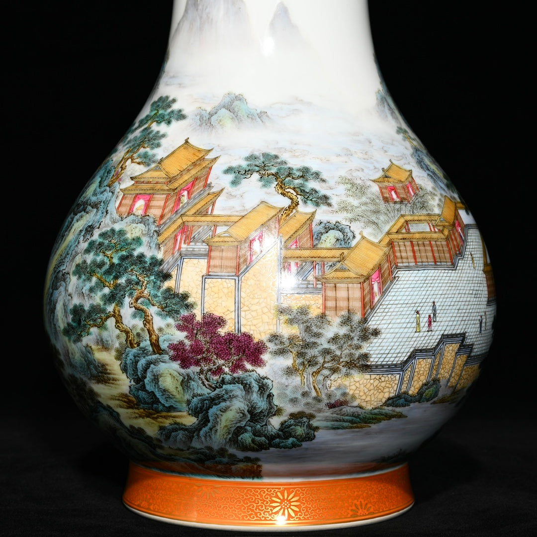 A1396 Chinese Qing Dynasty Gilt Edge Famille Rose Mountain River Scene Design Porcelain Vase