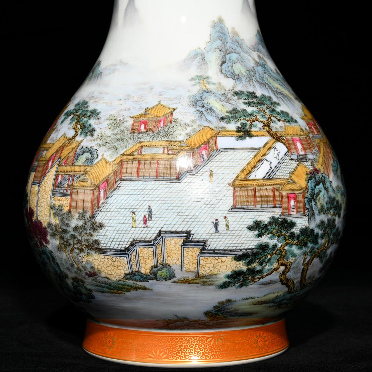 A1396 Chinese Qing Dynasty Gilt Edge Famille Rose Mountain River Scene Design Porcelain Vase