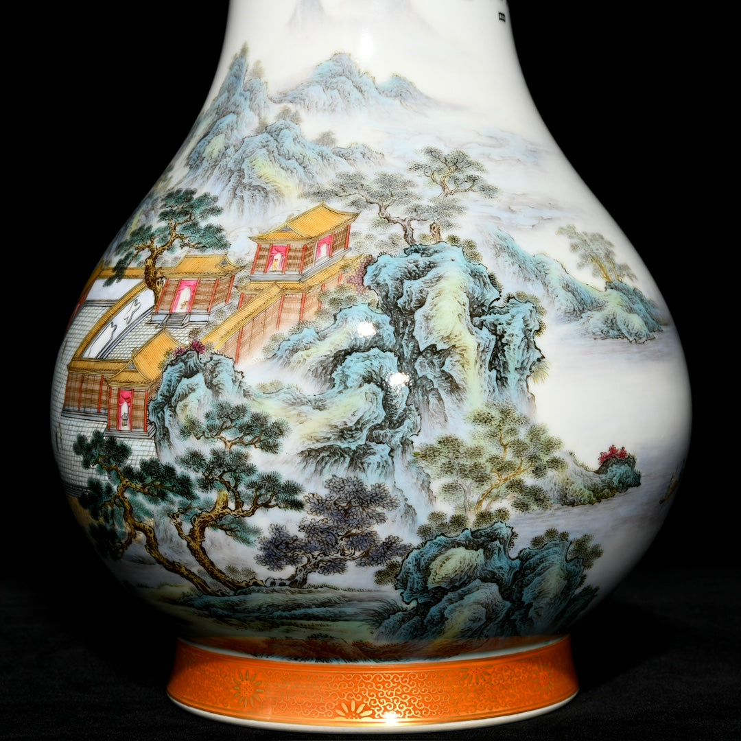 A1396 Chinese Qing Dynasty Gilt Edge Famille Rose Mountain River Scene Design Porcelain Vase
