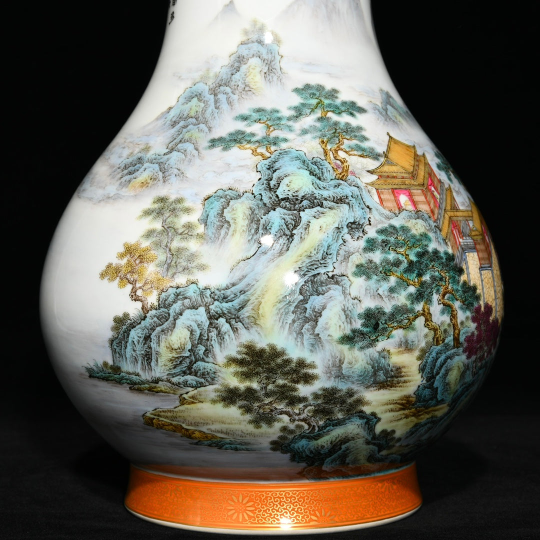 A1396 Chinese Qing Dynasty Gilt Edge Famille Rose Mountain River Scene Design Porcelain Vase