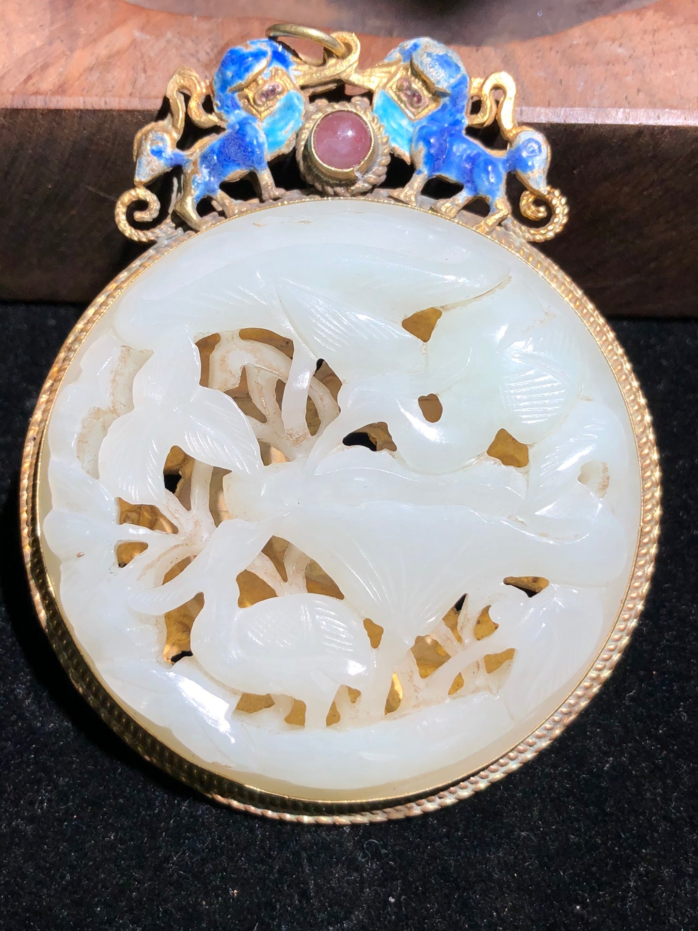 A1409 Vintage Chinese Pure Silver Inlay Hetian Jade Crane & Lotus Leaf Pendant