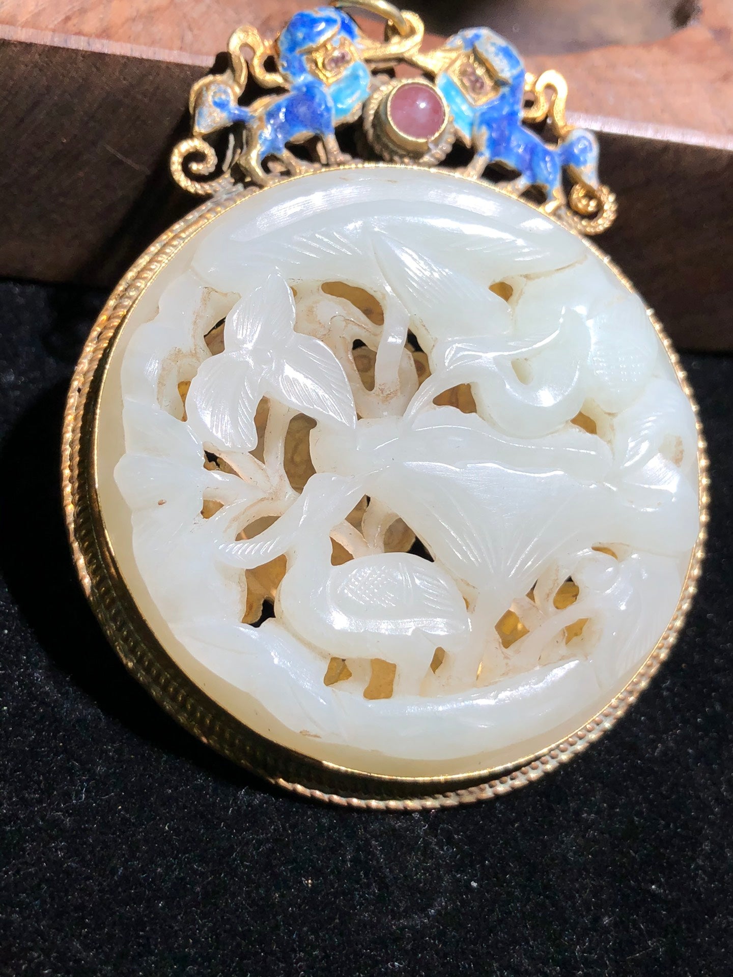 A1409 Vintage Chinese Pure Silver Inlay Hetian Jade Crane & Lotus Leaf Pendant