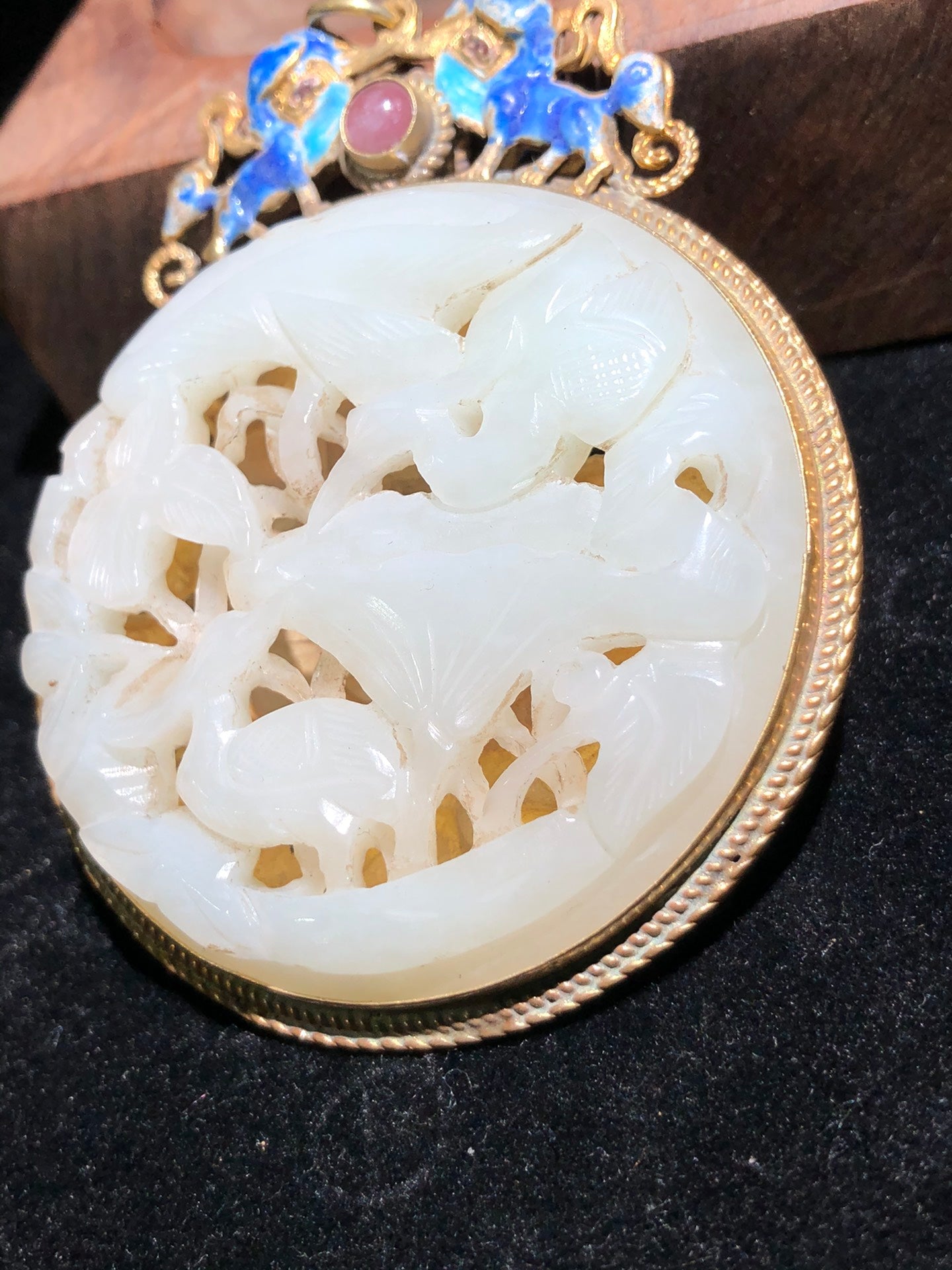 A1409 Vintage Chinese Pure Silver Inlay Hetian Jade Crane & Lotus Leaf Pendant