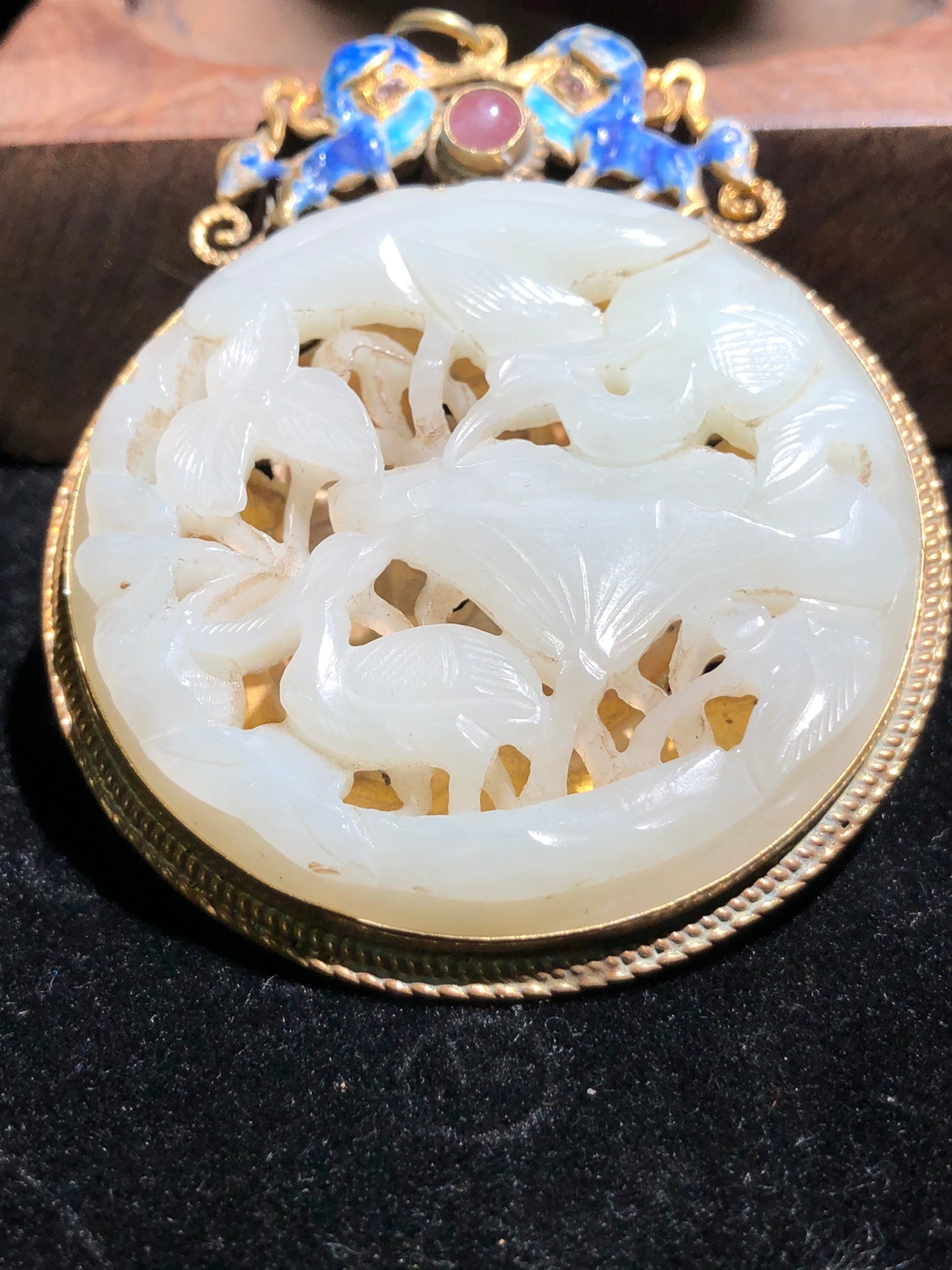 A1409 Vintage Chinese Pure Silver Inlay Hetian Jade Crane & Lotus Leaf Pendant