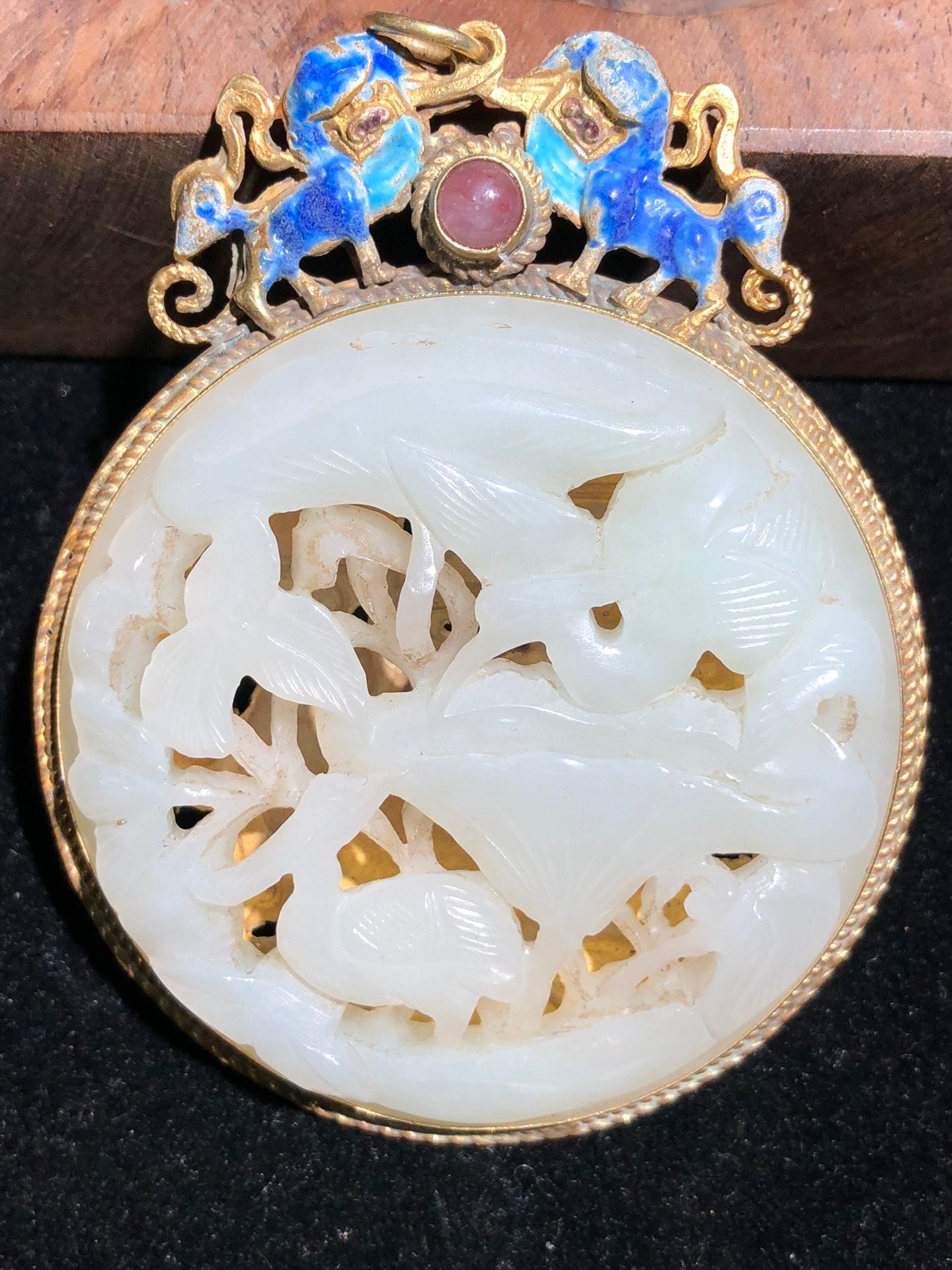 A1409 Vintage Chinese Pure Silver Inlay Hetian Jade Crane & Lotus Leaf Pendant