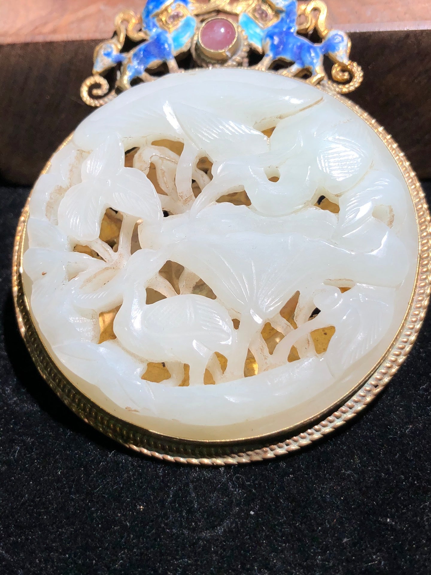 A1409 Vintage Chinese Pure Silver Inlay Hetian Jade Crane & Lotus Leaf Pendant