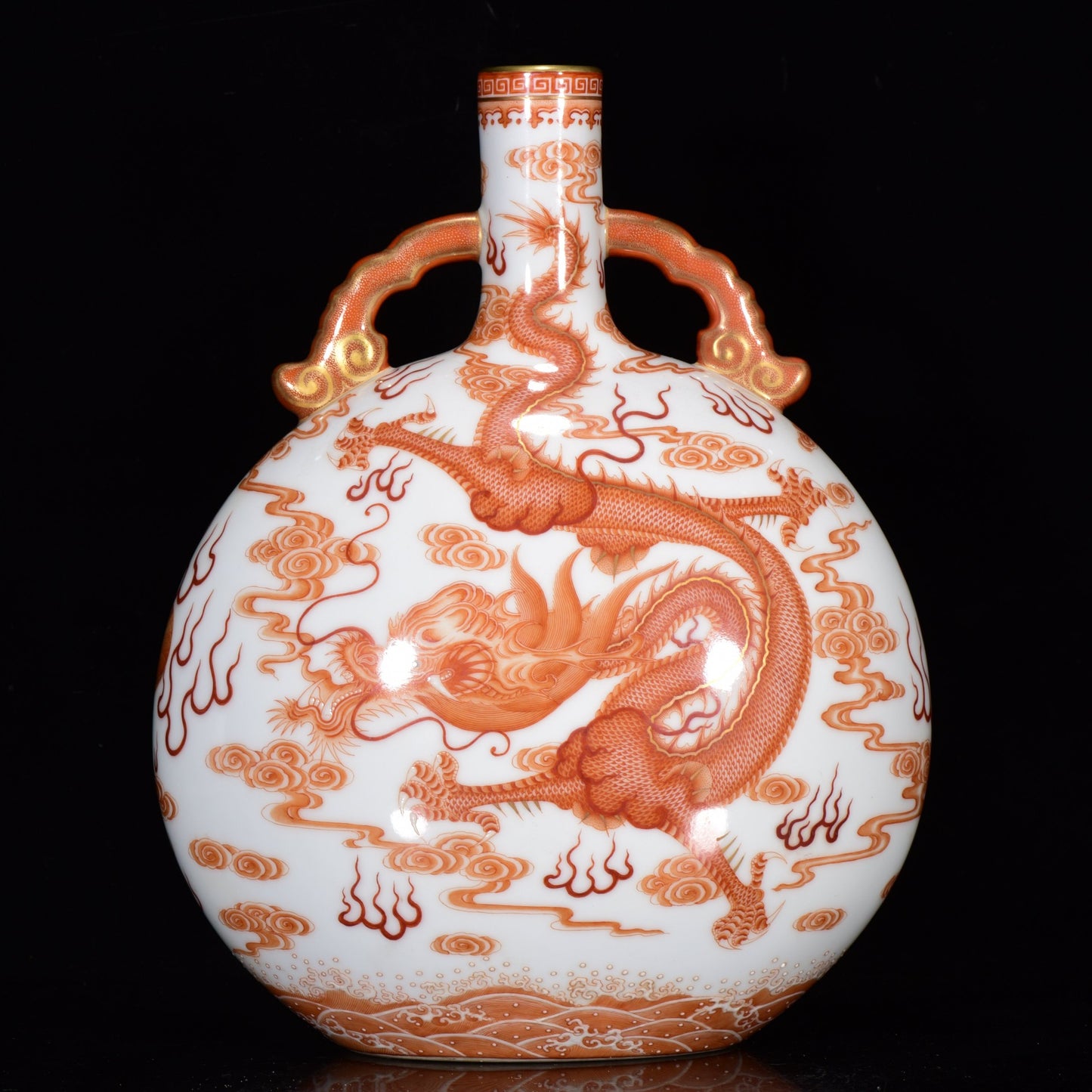 A1410 Chinese Qing Dynasty Iron Red Glaze Clouds Dragon Design Porcelain Vase