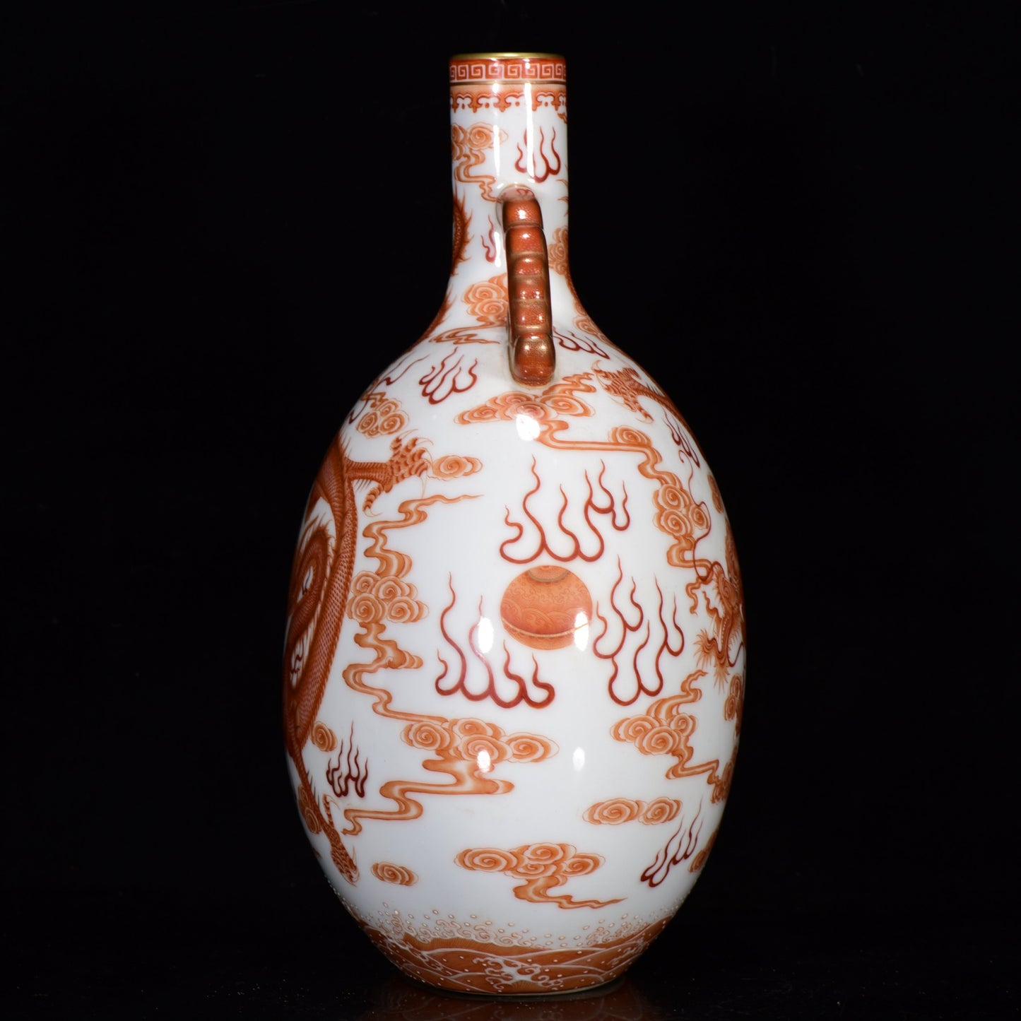 A1410 Chinese Qing Dynasty Iron Red Glaze Clouds Dragon Design Porcelain Vase