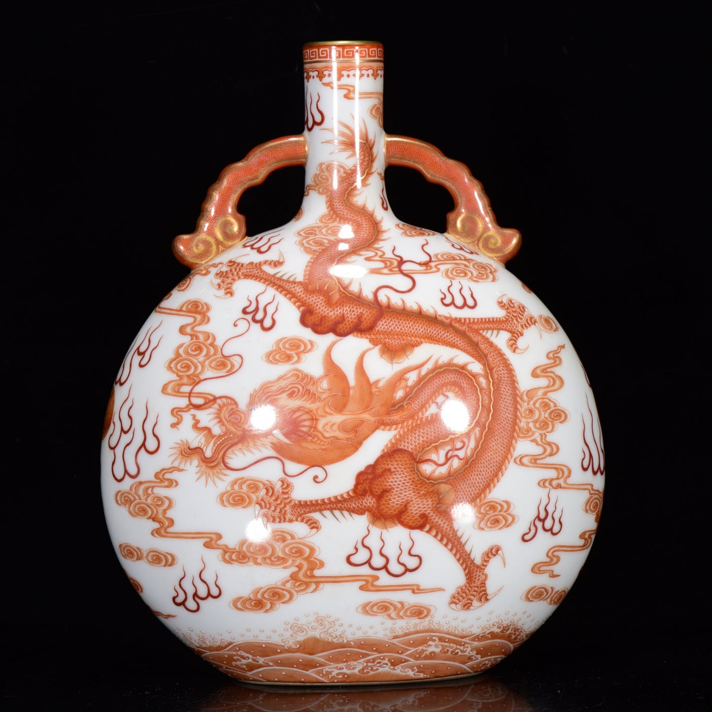 A1410 Chinese Qing Dynasty Iron Red Glaze Clouds Dragon Design Porcelain Vase