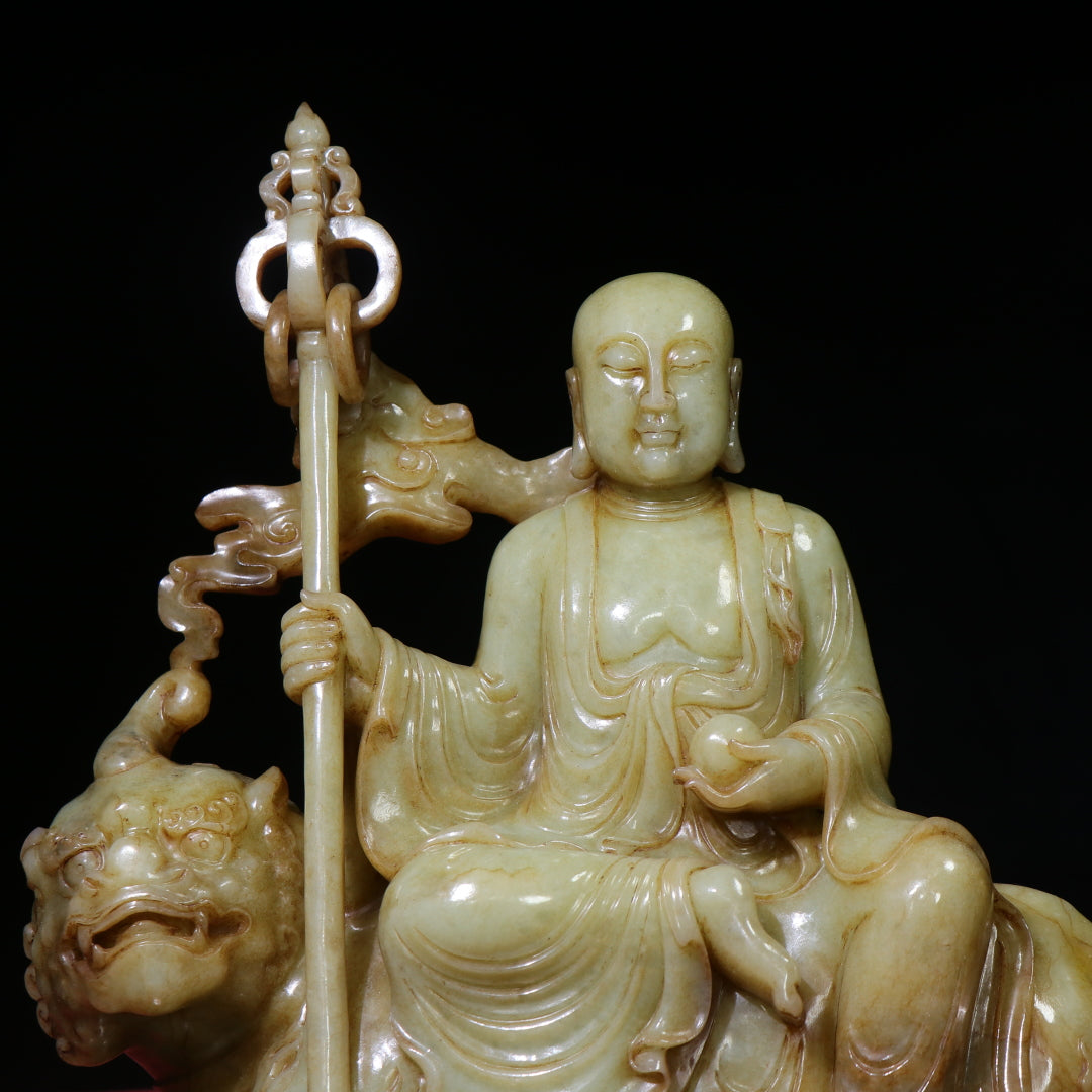 A1416 Superb Old Chinese Hetian Jade Carved Ksitigarbha Statue