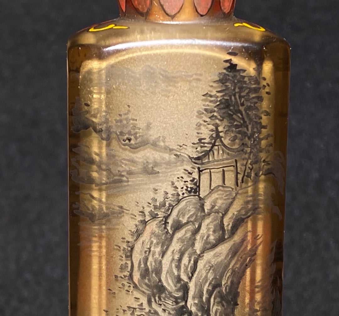 A1419 Chinese Peking Glass Colored Drawing Mountain River Scene Design Snuff Bottle